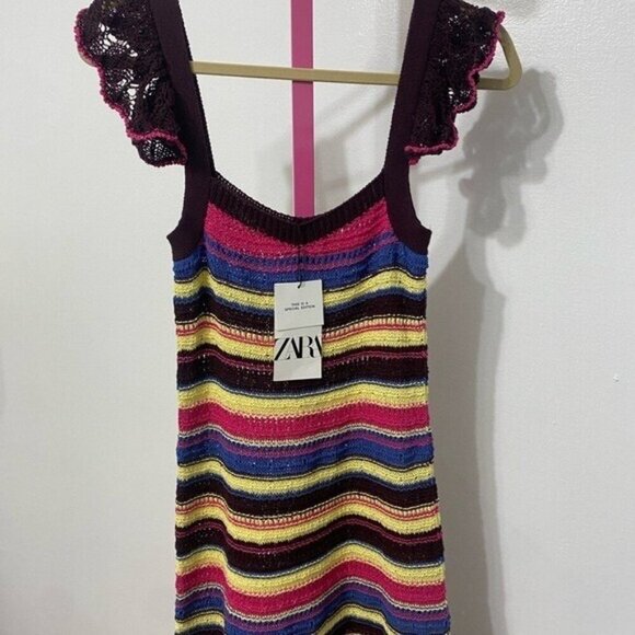 NWT Women's Zara Special Edition Crochet Knit Striped Maxi Dress SIZE M - Picture 5 of 6